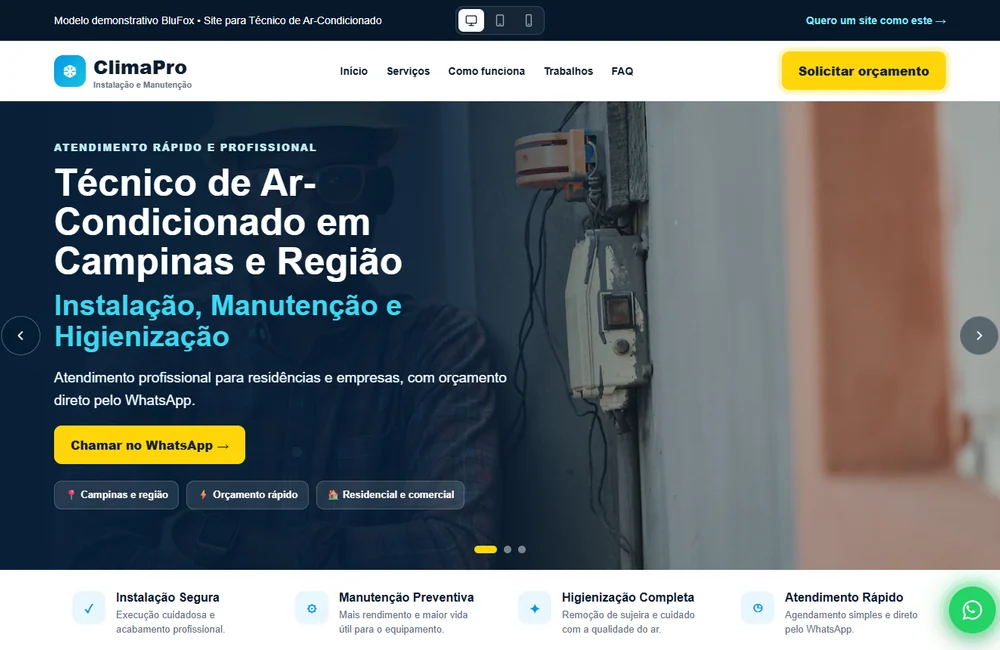 Prévia do site para técnico de ar-condicionado